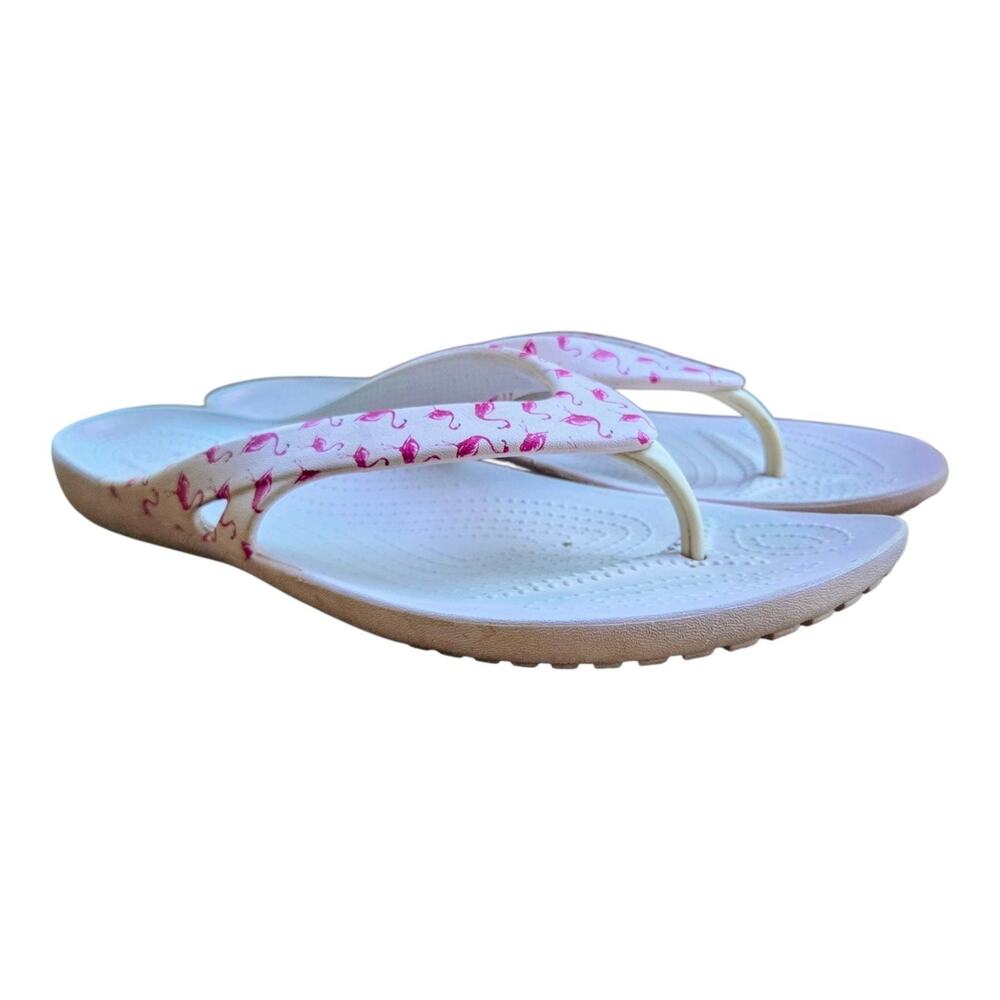 Crocs Kadee II Sandals Womens US 11 White Pink Flamingo Print Slip On Flip Flop